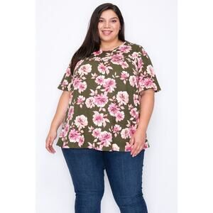 062 Curvy Lovey Shirred Flower Print Tunic Top in Olive